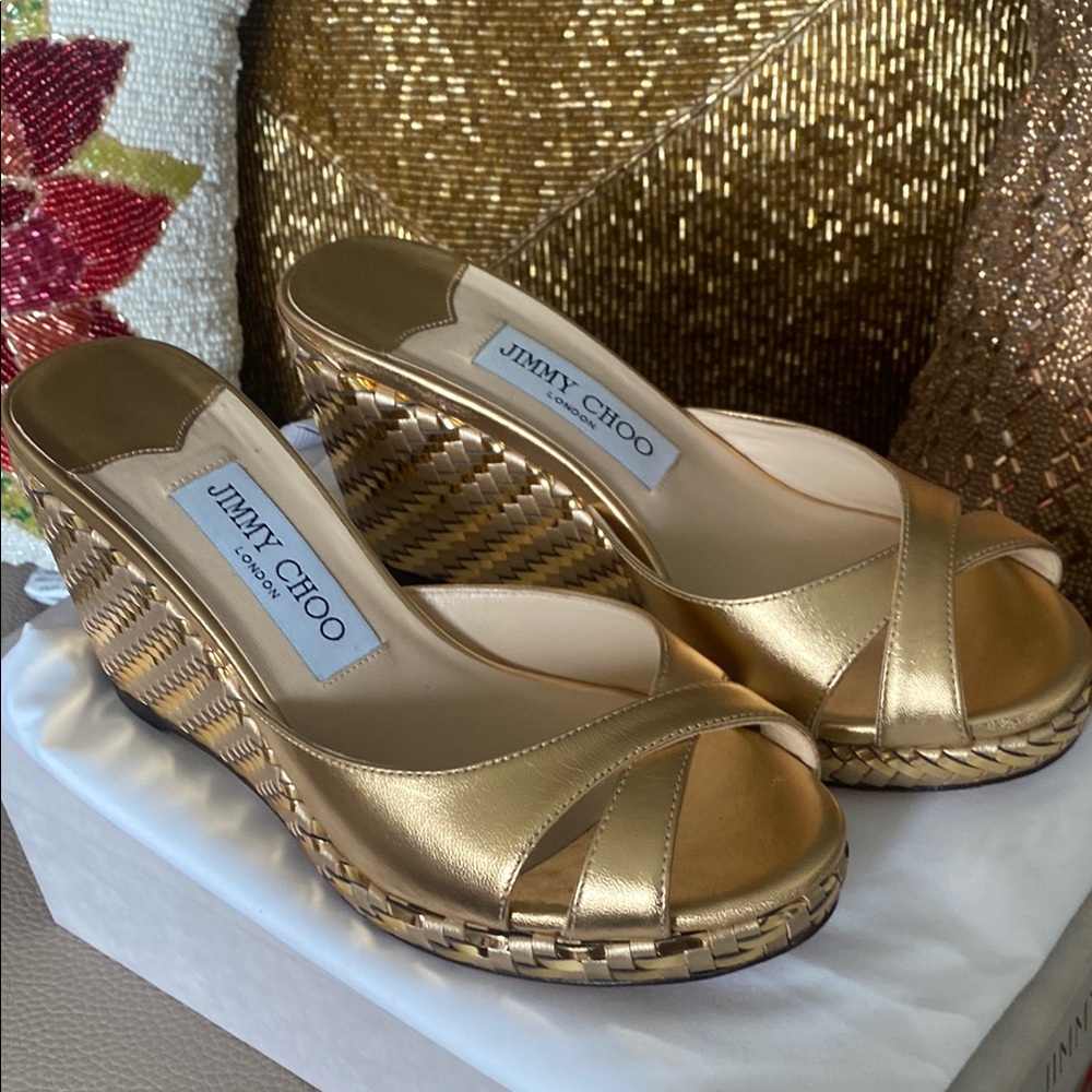 Jimmy Choo Gold Wedge Sandals for Women size 6.5. Brand New.